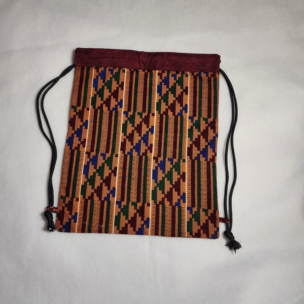 Red and Blue Geometric Backpack with Drawstring Closure
